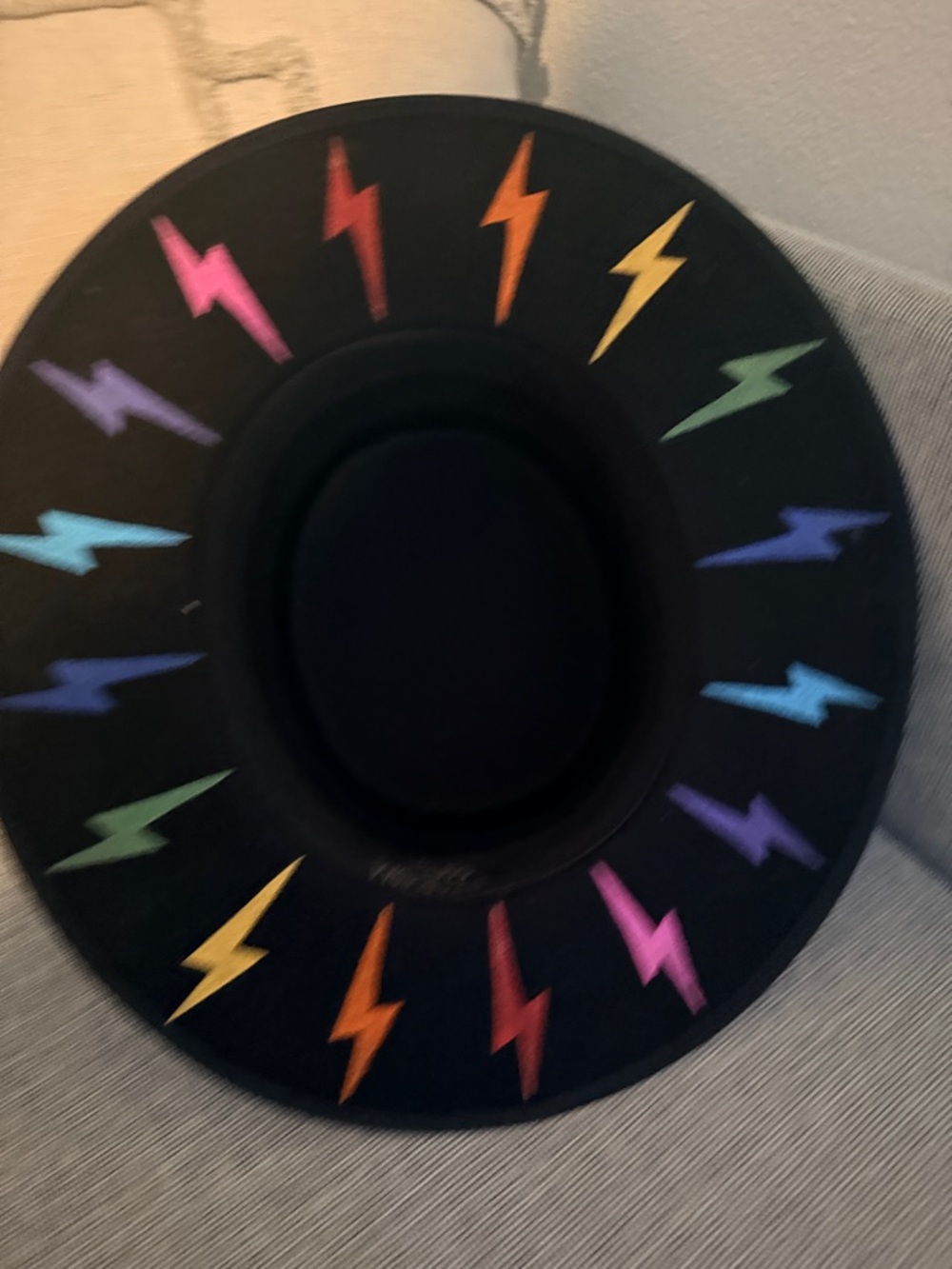 Black Wide-Brim Hat with Hand Painted Lightning Bolt Accents